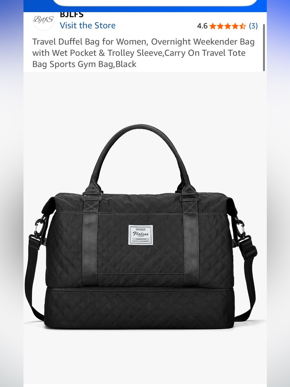 Quilted Black Travel Duffel Bag with Shoe Compartment
